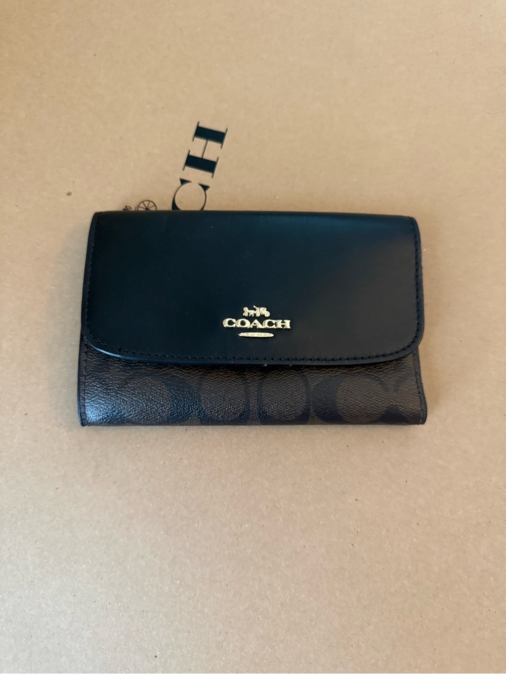 Coach Black Signature Leather Trifold Wallet with Gold Logo